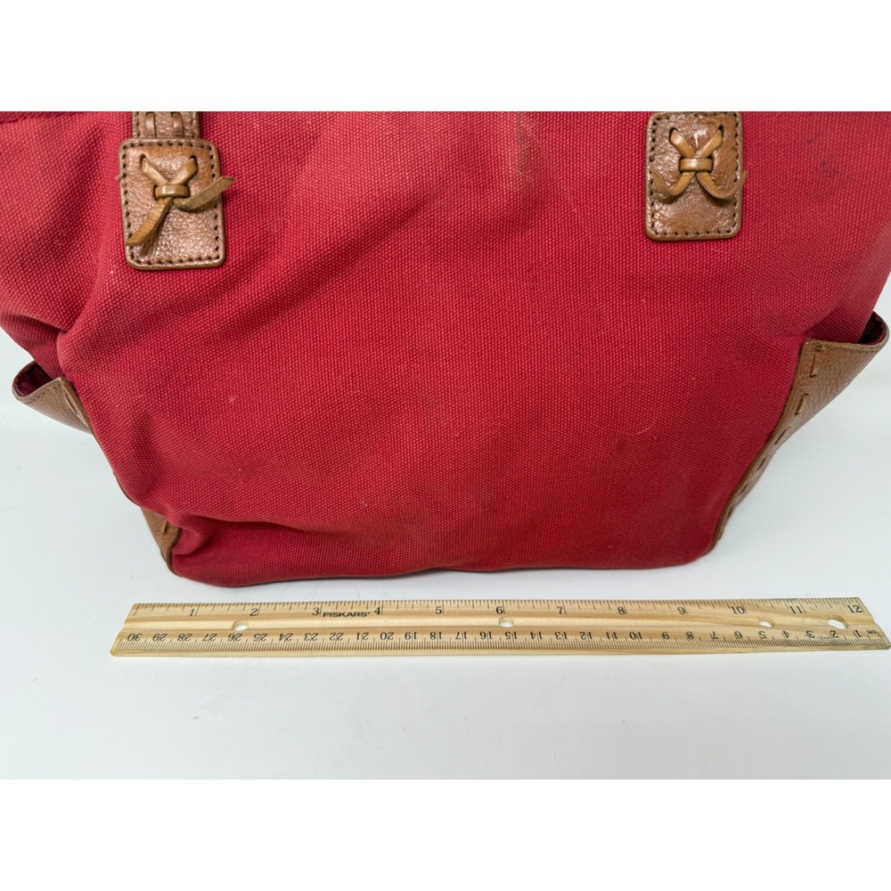 Fossil Red Canvas Brown Leather Trim Tote Shoulder Bag Whipstitch Key Charm - Picture 13 of 14